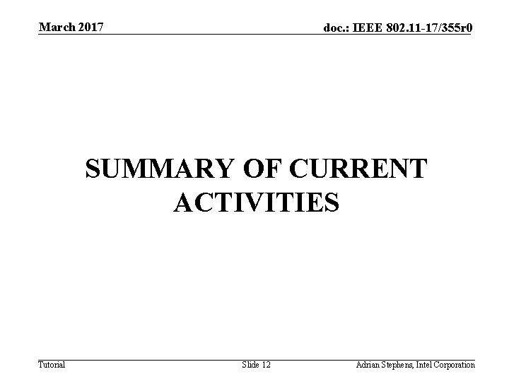 March 2017 doc. : IEEE 802. 11 -17/355 r 0 SUMMARY OF CURRENT ACTIVITIES
