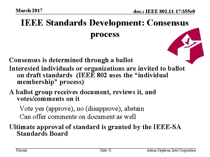 March 2017 doc. : IEEE 802. 11 -17/355 r 0 IEEE Standards Development: Consensus