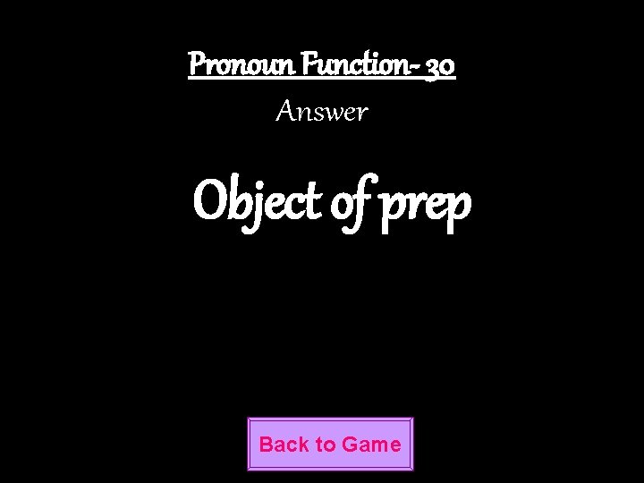 Pronoun Function- 30 Answer Object of prep Back to Game 