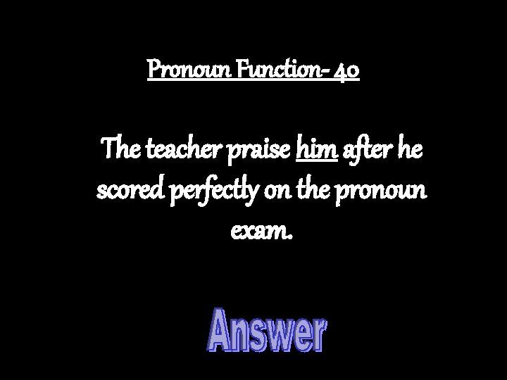 Pronoun Function- 40 The teacher praise him after he scored perfectly on the pronoun