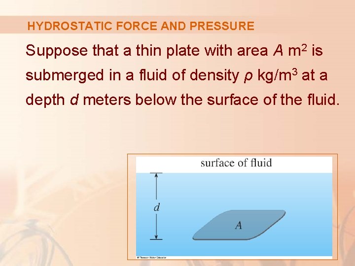 HYDROSTATIC FORCE AND PRESSURE Suppose that a thin plate with area A m 2