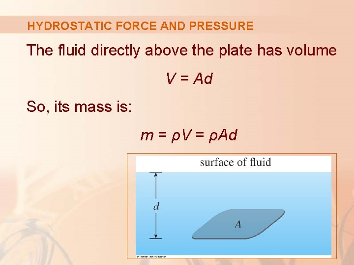 HYDROSTATIC FORCE AND PRESSURE The fluid directly above the plate has volume V =