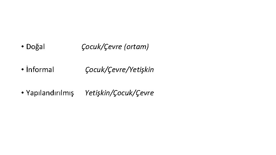  • Doğal Çocuk/Çevre (ortam) • İnformal Çocuk/Çevre/Yetişkin • Yapılandırılmış Yetişkin/Çocuk/Çevre 