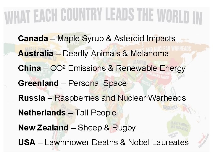 Canada – Maple Syrup & Asteroid Impacts Australia – Deadly Animals & Melanoma China