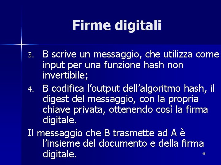 Firme digitali B scrive un messaggio, che utilizza come input per una funzione hash