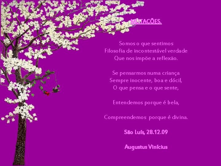 MUTAÇÕES. Somos o que sentimos Filosofia de incontestável verdade Que nos impõe a reflexão. MUTAÇÕES. Somos o que sentimos Filosofia de incontestável verdade Que nos impõe a reflexão.