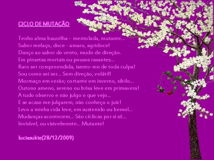CICLO DE MUTAÇÃO Tenho alma baunilha – mentolada, mutante… Sabor melaço, doce - amaro, CICLO DE MUTAÇÃO Tenho alma baunilha – mentolada, mutante… Sabor melaço, doce - amaro,
