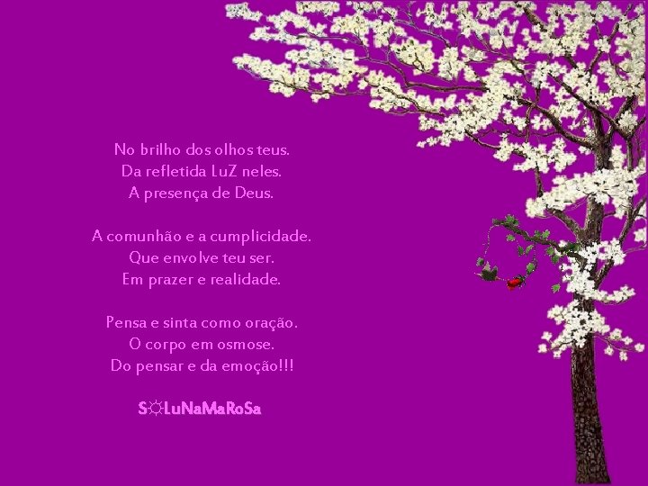 No brilho dos olhos teus. Da refletida Lu. Z neles. A presença de Deus. No brilho dos olhos teus. Da refletida Lu. Z neles. A presença de Deus.