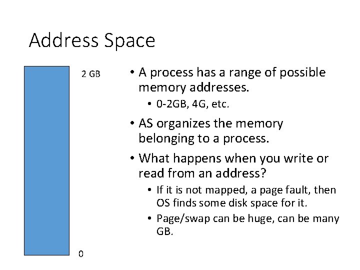 Address Space 2 GB • A process has a range of possible memory addresses.
