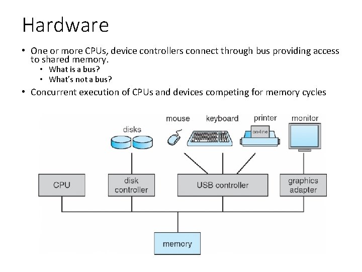 Hardware • One or more CPUs, device controllers connect through bus providing access to