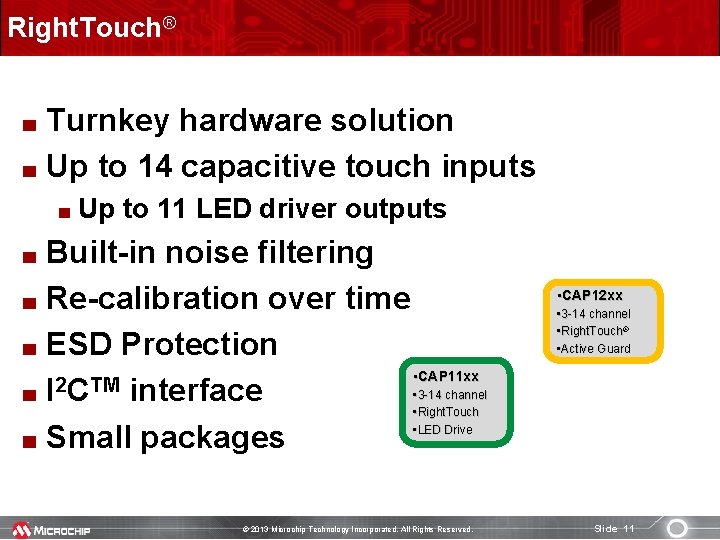 Right. Touch® Turnkey hardware solution Up to 14 capacitive touch inputs Up to 11