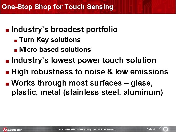 One-Stop Shop for Touch Sensing Industry’s broadest portfolio Turn Key solutions Micro based solutions