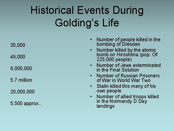 Historical Events During Golding’s Life 35, 000 45, 000 6, 000 5. 7 million