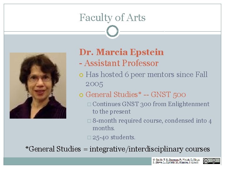 Faculty of Arts Dr. Marcia Epstein - Assistant Professor Has hosted 6 peer mentors