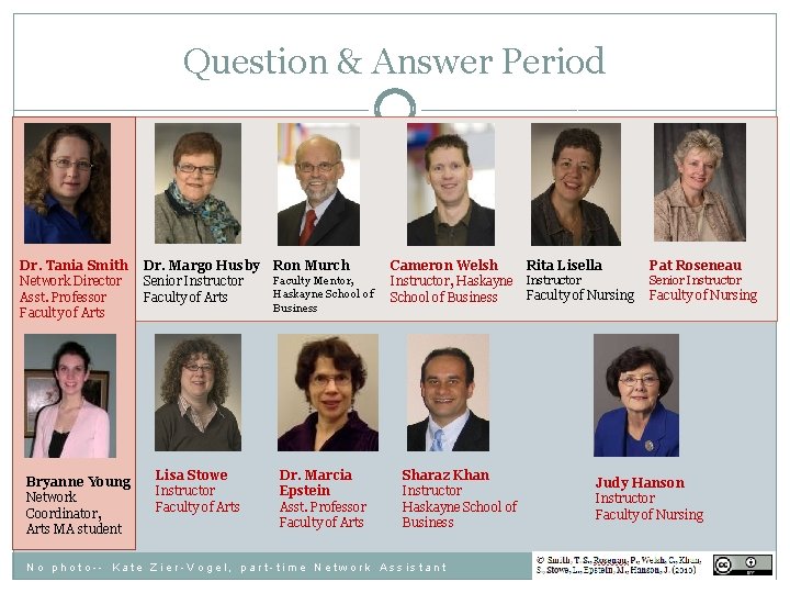 Question & Answer Period Dr. Tania Smith Network Director Asst. Professor Faculty of Arts