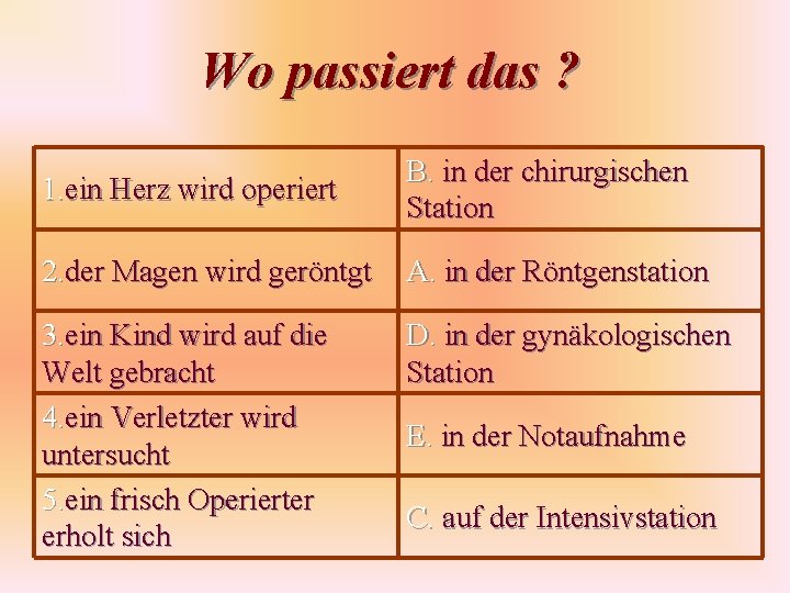 Wo passiert das ? 1. ein Herz wird operiert B. in der chirurgischen Station