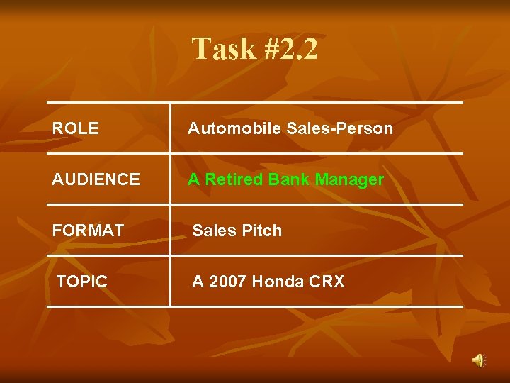 Task #2. 2 ROLE Automobile Sales-Person AUDIENCE A Retired Bank Manager FORMAT Sales Pitch