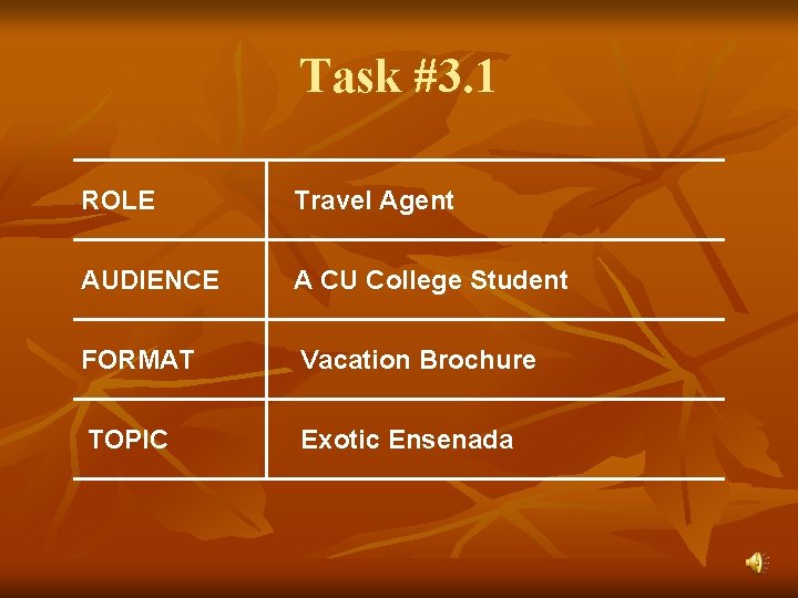 Task #3. 1 ROLE Travel Agent AUDIENCE A CU College Student FORMAT Vacation Brochure
