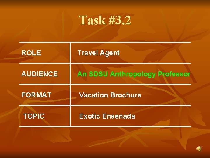 Task #3. 2 ROLE Travel Agent AUDIENCE An SDSU Anthropology Professor FORMAT Vacation Brochure