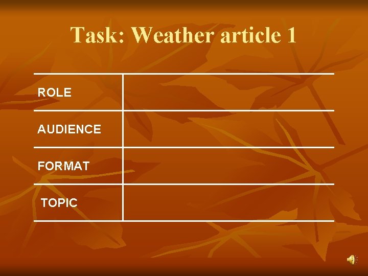 Task: Weather article 1 ROLE AUDIENCE FORMAT TOPIC 