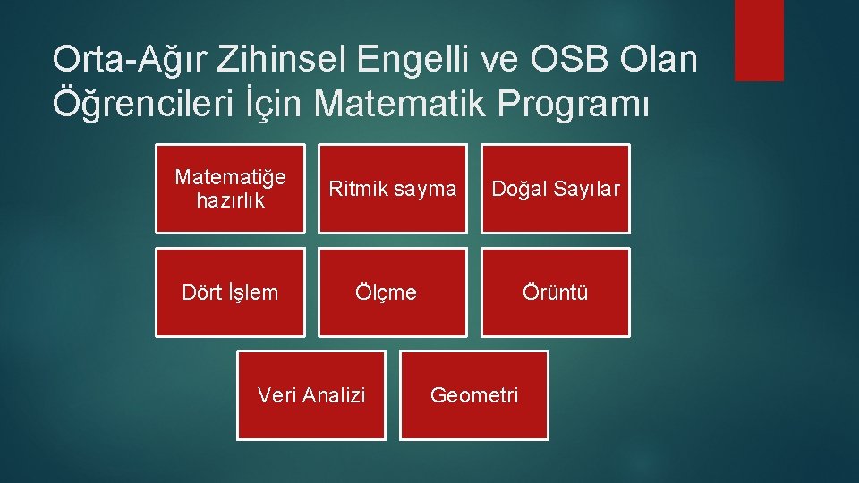 Orta-Ağır Zihinsel Engelli ve OSB Olan Öğrencileri İçin Matematik Programı Matematiğe hazırlık Dört İşlem