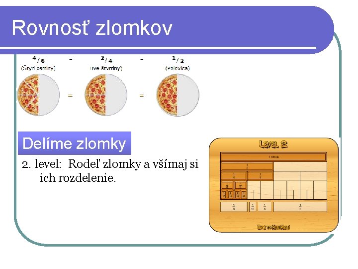 Rovnosť zlomkov Delíme zlomky 2. level: Rodeľ zlomky a všímaj si ich rozdelenie. 