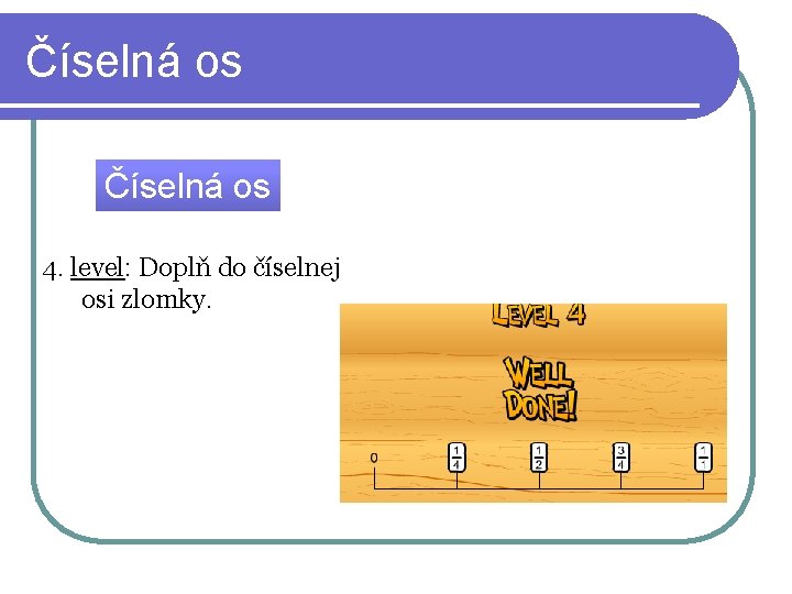 Číselná os 4. level: Doplň do číselnej osi zlomky. 