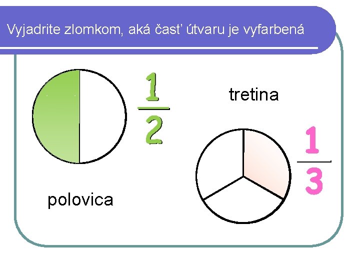 Vyjadrite zlomkom, aká časť útvaru je vyfarbená tretina polovica 