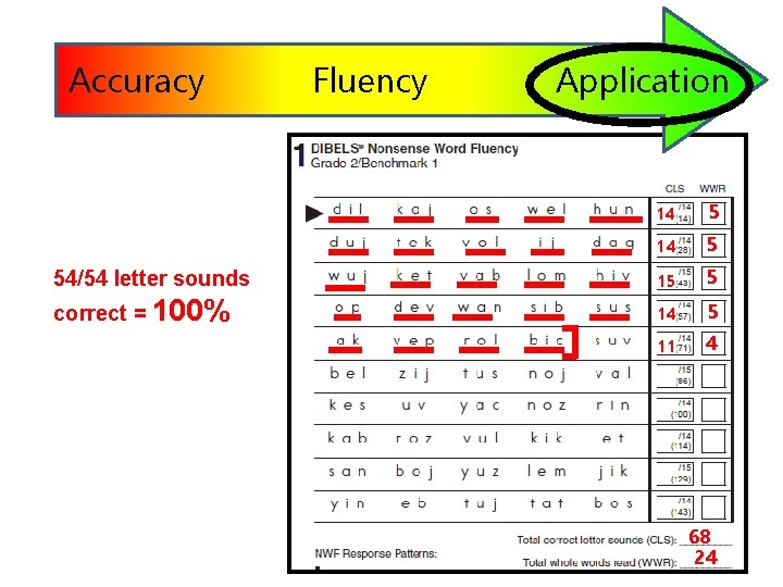 Accuracy Fluency Application 14 5 54/54 letter sounds 15 5 correct = 100% 14