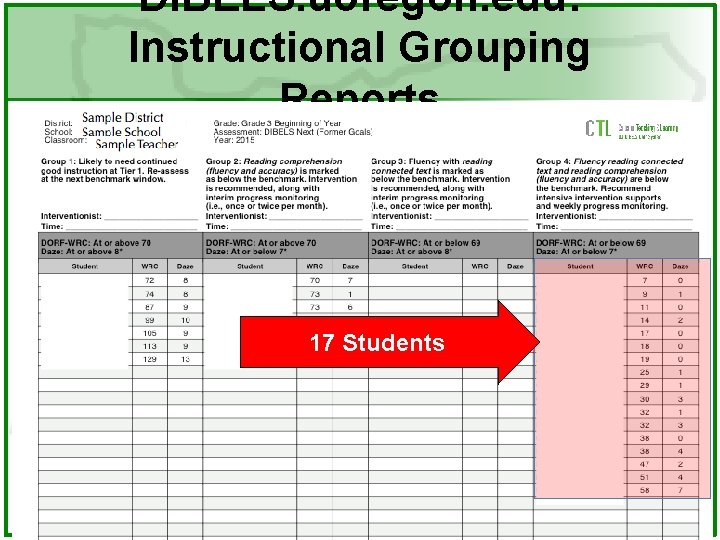 DIBELS. uoregon. edu: Instructional Grouping Reports 17 Students 