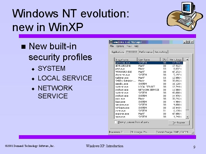 Windows NT evolution: new in Win. XP n New built-in security profiles ¨ ¨