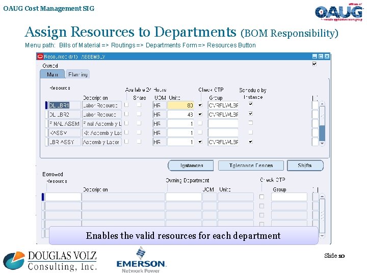 OAUG Cost Management SIG Assign Resources to Departments (BOM Responsibility) Menu path: Bills of