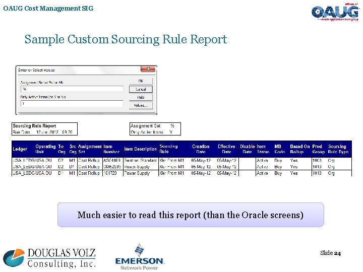 OAUG Cost Management SIG Sample Custom Sourcing Rule Report Much easier to read this