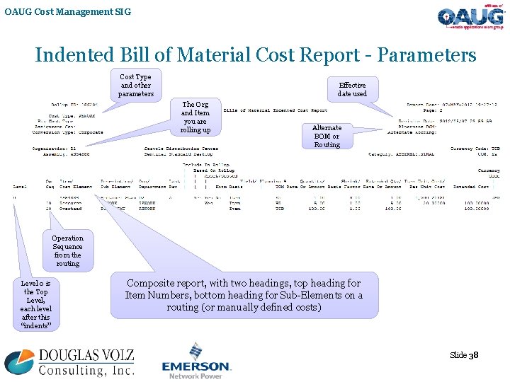 OAUG Cost Management SIG Indented Bill of Material Cost Report - Parameters Cost Type