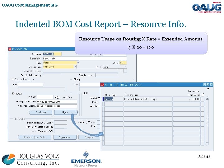 OAUG Cost Management SIG Indented BOM Cost Report – Resource Info. Resource Usage on