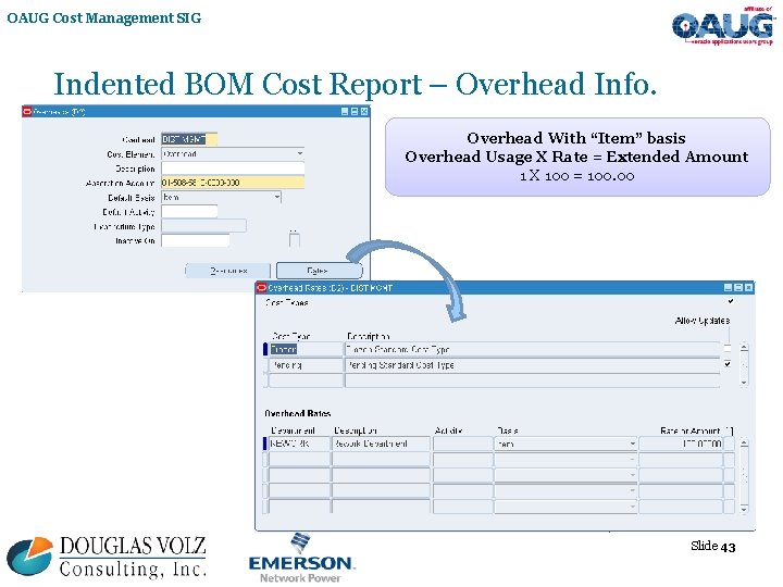 OAUG Cost Management SIG Indented BOM Cost Report – Overhead Info. Overhead With “Item”