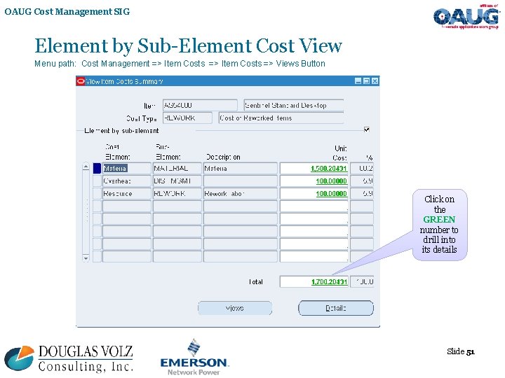 OAUG Cost Management SIG Element by Sub-Element Cost View Menu path: Cost Management =>