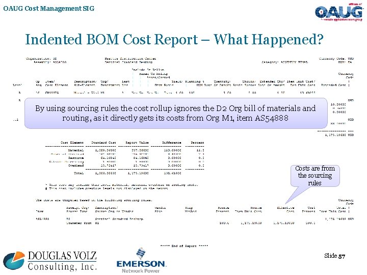 OAUG Cost Management SIG Indented BOM Cost Report – What Happened? By using sourcing