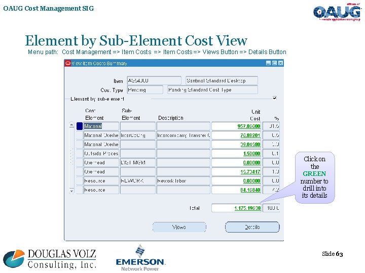 OAUG Cost Management SIG Element by Sub-Element Cost View Menu path: Cost Management =>