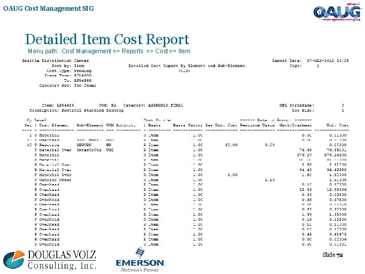 OAUG Cost Management SIG Detailed Item Cost Report Menu path: Cost Management => Reports