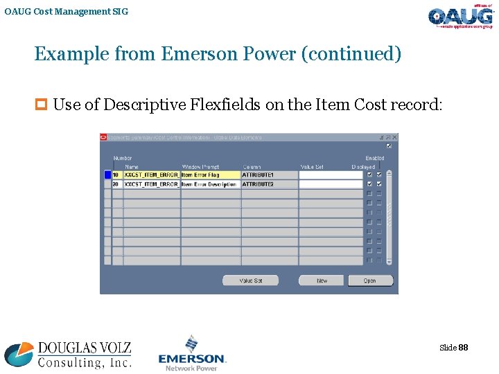 OAUG Cost Management SIG Example from Emerson Power (continued) p Use of Descriptive Flexfields