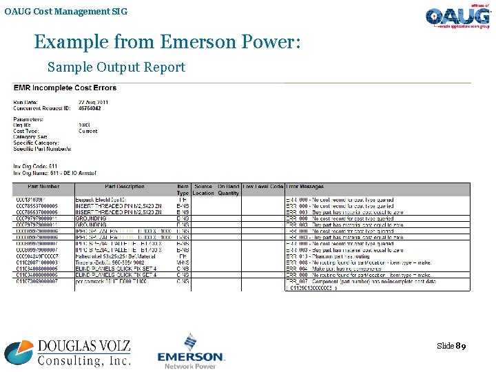 OAUG Cost Management SIG Example from Emerson Power: Sample Output Report Slide 89 