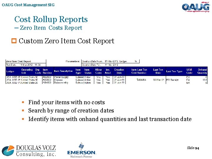 OAUG Cost Management SIG Cost Rollup Reports ─ Zero Item Costs Report p Custom