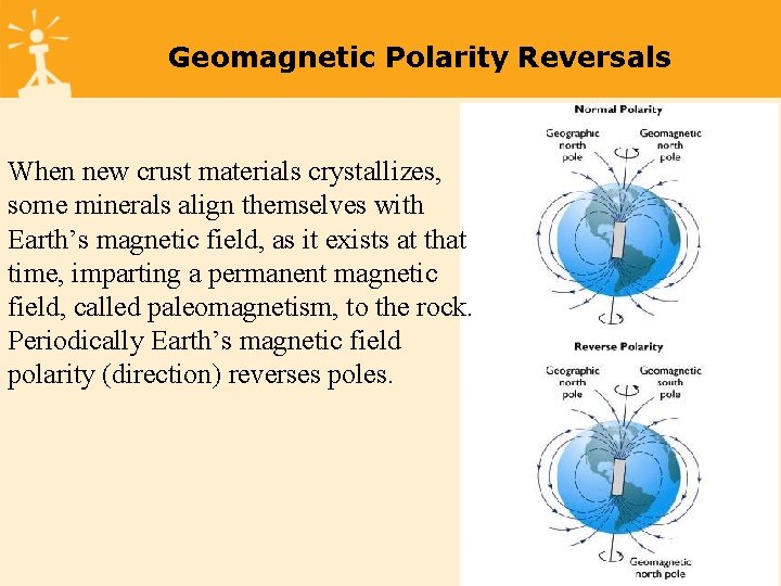 Geomagnetic Polarity Reversals When new crust materials crystallizes, some minerals align themselves with Earth’s