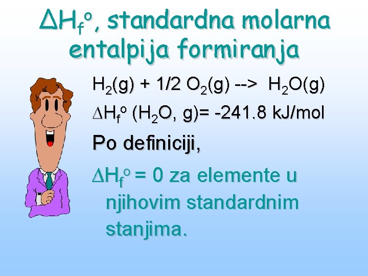 ∆Hfo, standardna molarna entalpija formiranja H 2(g) + 1/2 O 2(g) --> H 2