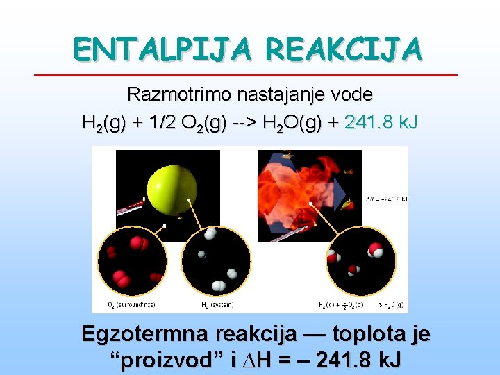 ENTALPIJA REAKCIJA Razmotrimo nastajanje vode H 2(g) + 1/2 O 2(g) --> H 2