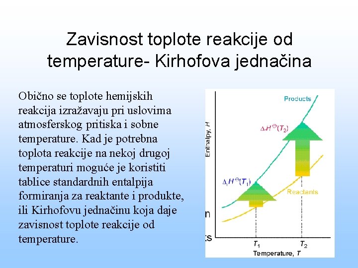 Zavisnost toplote reakcije od temperature- Kirhofova jednačina Obično se toplote hemijskih reakcija izražavaju pri