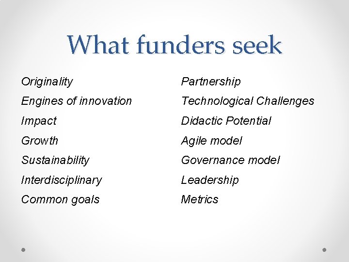 What funders seek Originality Partnership Engines of innovation Technological Challenges Impact Didactic Potential Growth