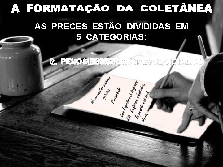 AS PRECES ESTÃO DIVIDIDAS EM 5 CATEGORIAS: PELOS VIVOS 5. ENFERMOS E OBSIDIADOS 2.