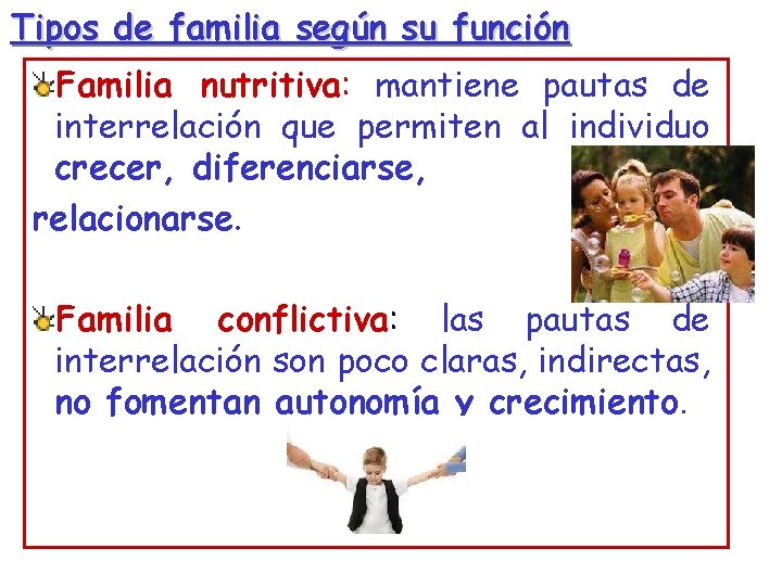 Tipos de familia según su función Familia nutritiva: mantiene pautas de interrelación que permiten Tipos de familia según su función Familia nutritiva: mantiene pautas de interrelación que permiten